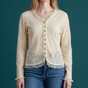 Vtg JUDITH HART Antique Lace Jewel Button Down Romantic Castlecore Shirt